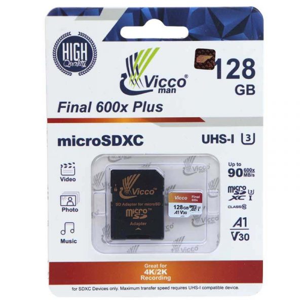 کارت حافظه microSDHC ویکو من مدل Final 600x کلاس 10 استاندارد UHS-I U3 سرعت 90MBps ظرفیت 128 گیگابایت مدل A1-V30 همراه با آداپتور SD